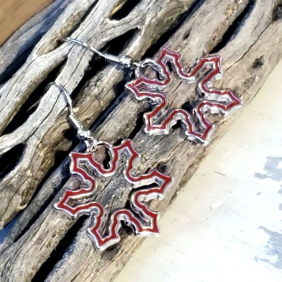 Enameled Snowflake Drops Silver Red Winter Christmas Holidays Earrings - Picture 1 of 5